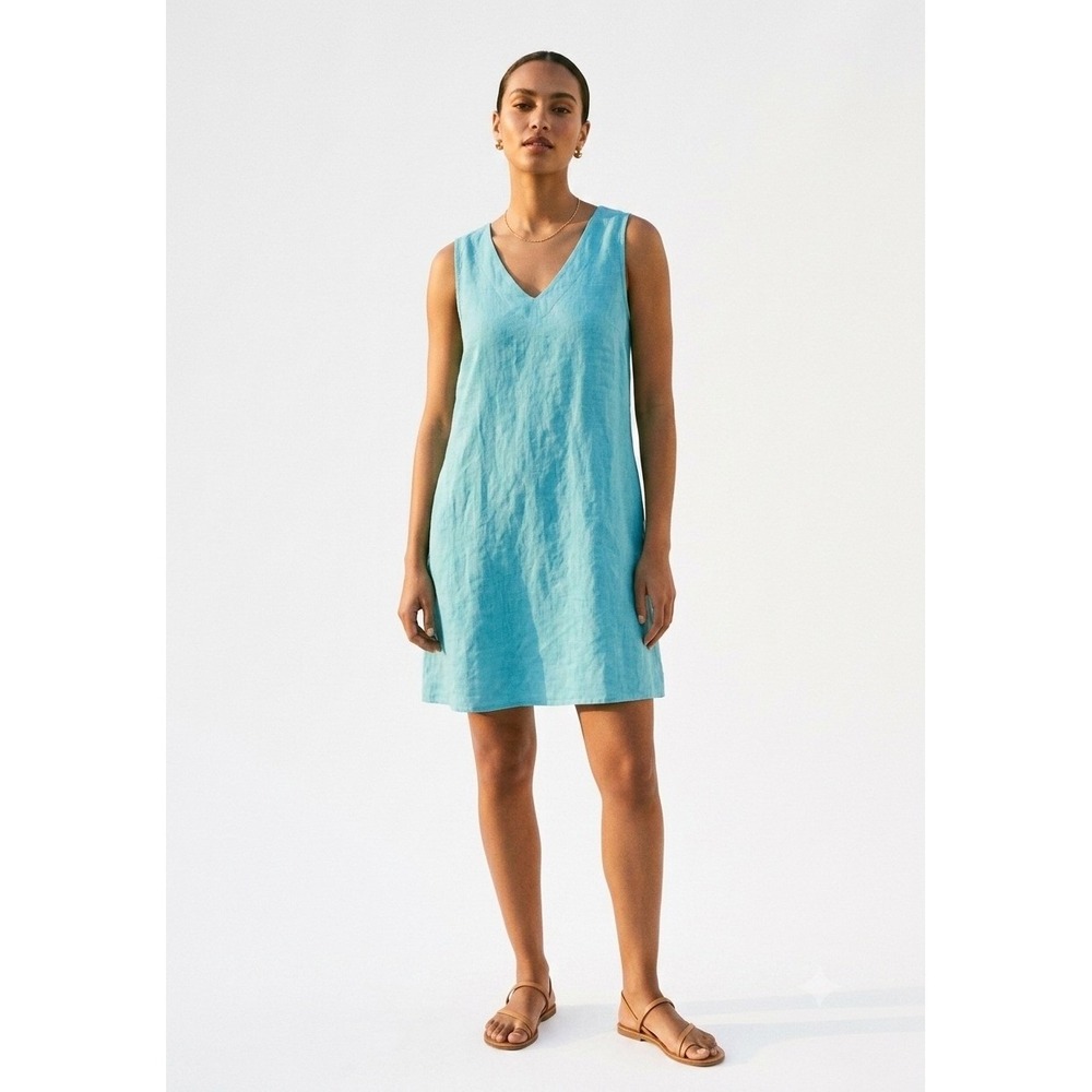 APNY Turquoise Blue 100% Linen S Dress Minimalist Breathable Cruise Vacation‎